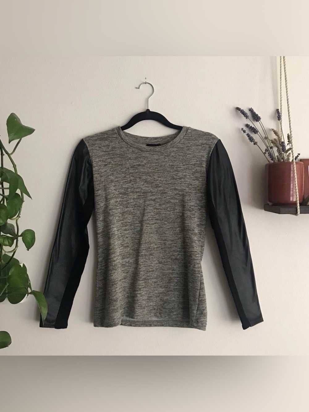 Gray Knit Top with Black Faux Leather Sleeves